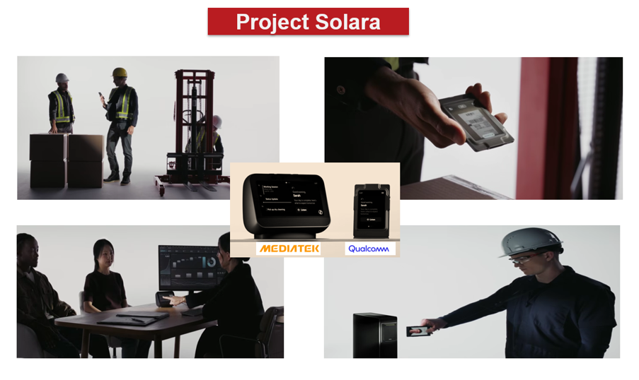 Four images show enterprise use-cases of Solara. Workers use a Solara device. MediaTek and Qualcomm's logo show on the tablet and handheld device.