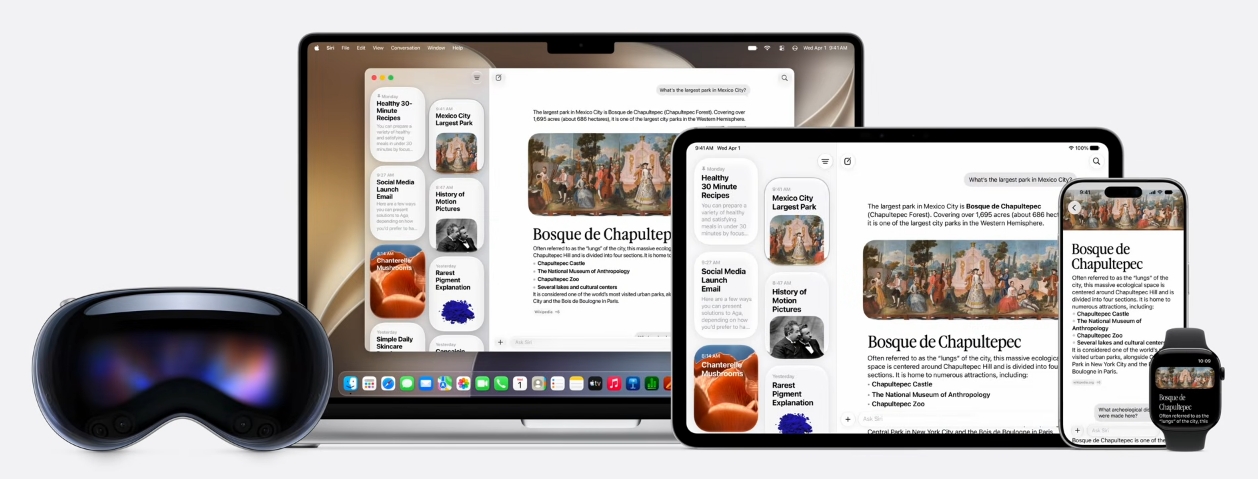 Display of Apple products: Vision, Macbook, iPad, iPhone, Smartwatch.