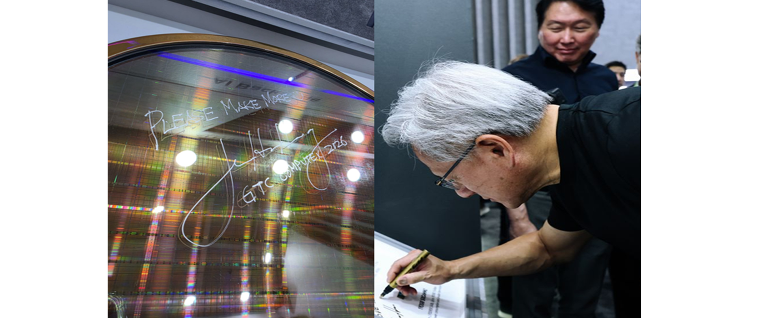 Jensen Huang (NVIDIA CEO) handwrites on an HBM4E wafer while visiting the SK hynix booth at the Nangang Exhibition Center in Taipei, Taiwan during Computex 2026.