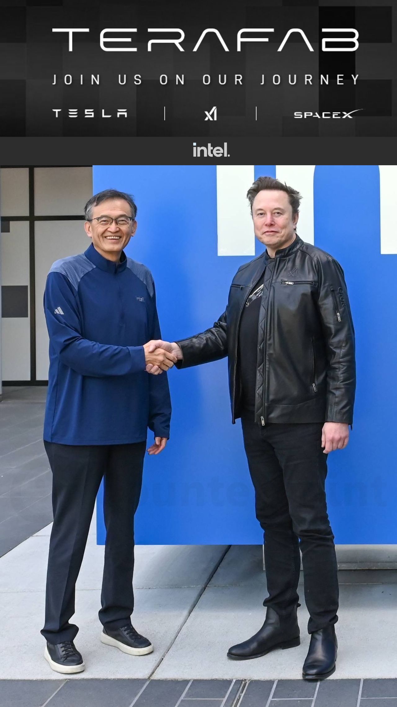Intel Chief Executive Lip-Bu Tan shaking hands with Elon Musk, CEO of SpaceX and Tesla.