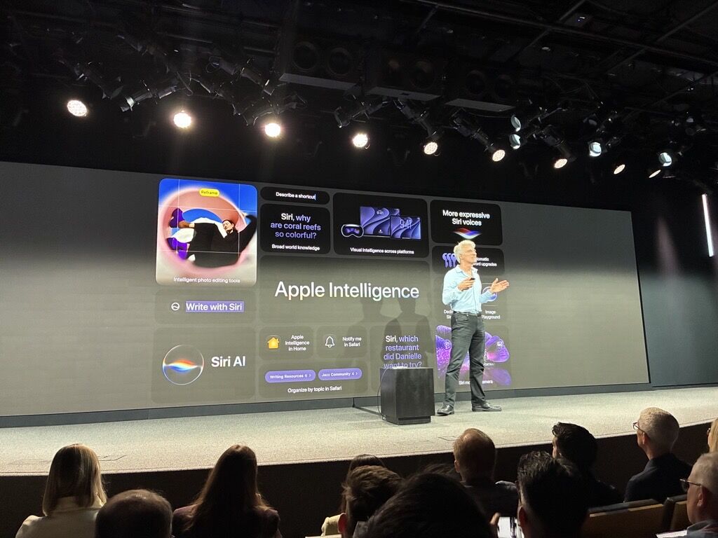 Apple's Senior VP of Software Engineering, Craig Federighi,at WWDC 2026 presenting on Apple Intelligence.