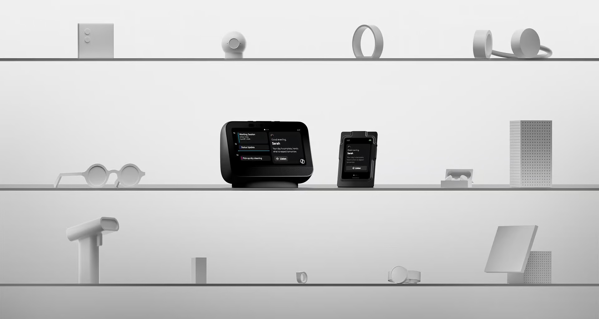 Two black devices sit on white shelves. Microsoft's Project Solara.