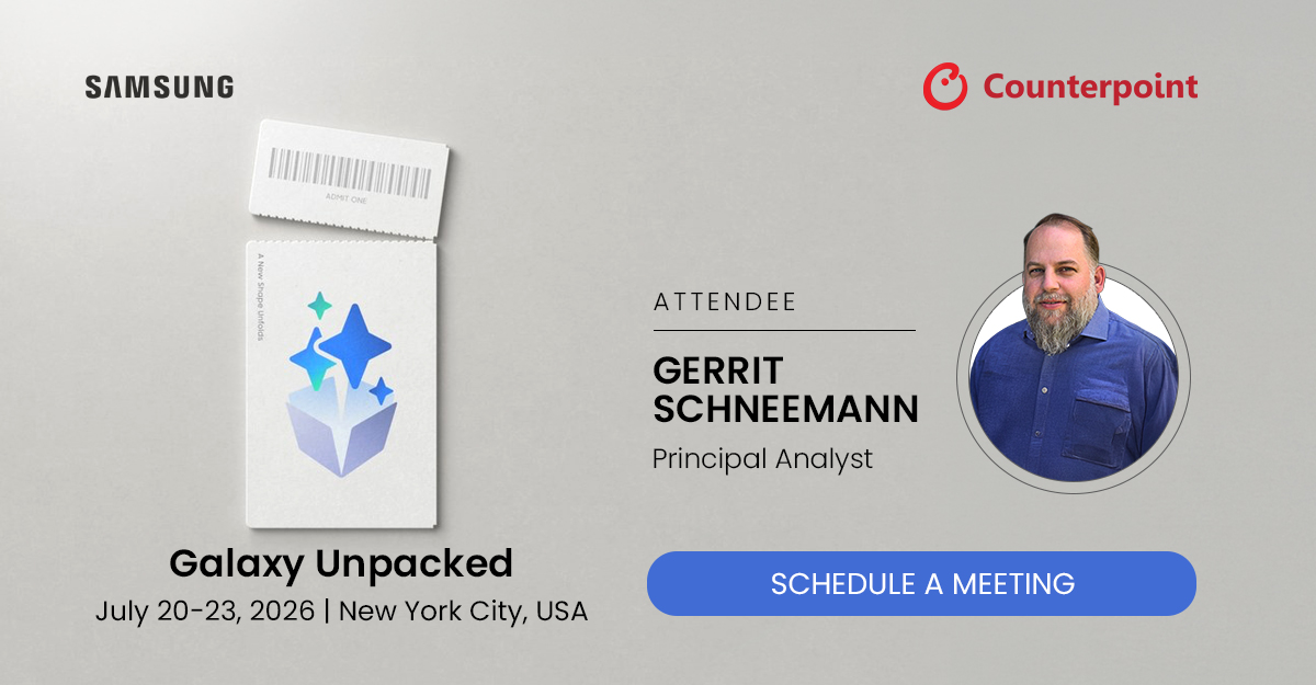 Flyer for Counterpoint attendance at Samsung Unpacked in New York on July 20th to the 23rd. Schedule a meeting with Gerrit Schneemann.